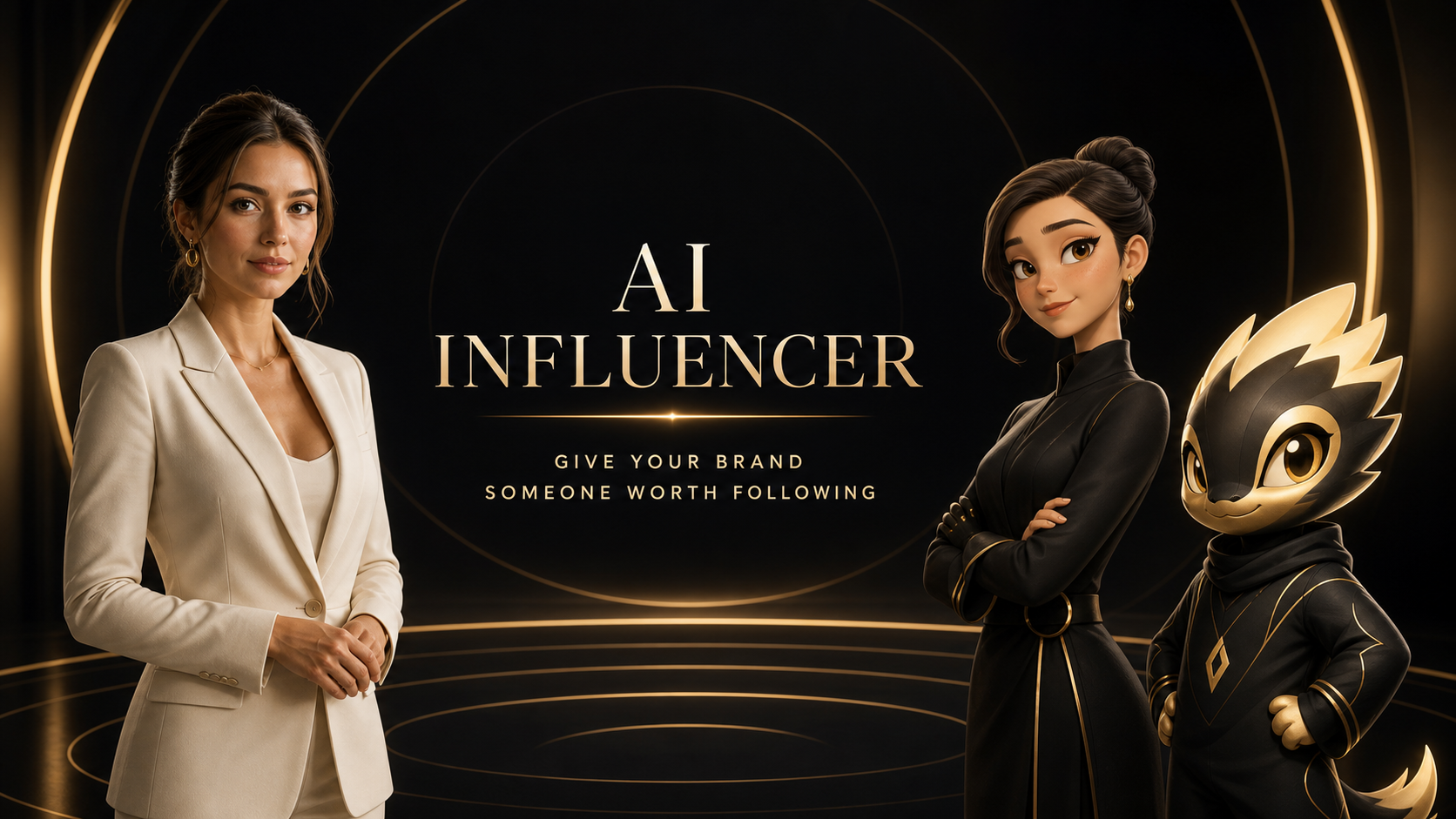 Three original AI influencer styles: realistic, animated, and brand mascot